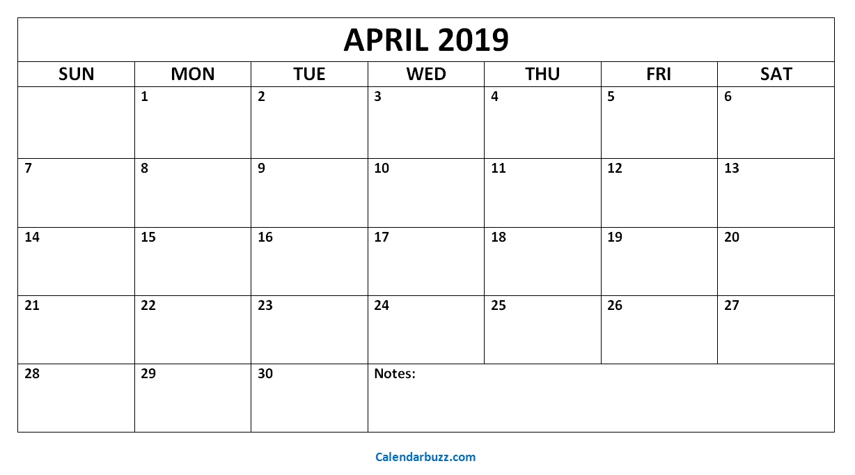 April 2019 Blank Calendar Monthly Calendar Printable Monthly 