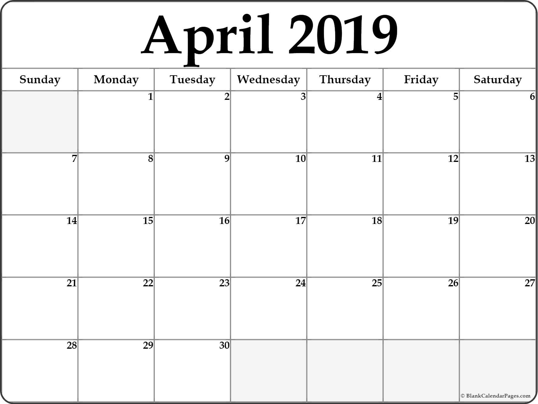 April 2019 Blank Calendar Templates 