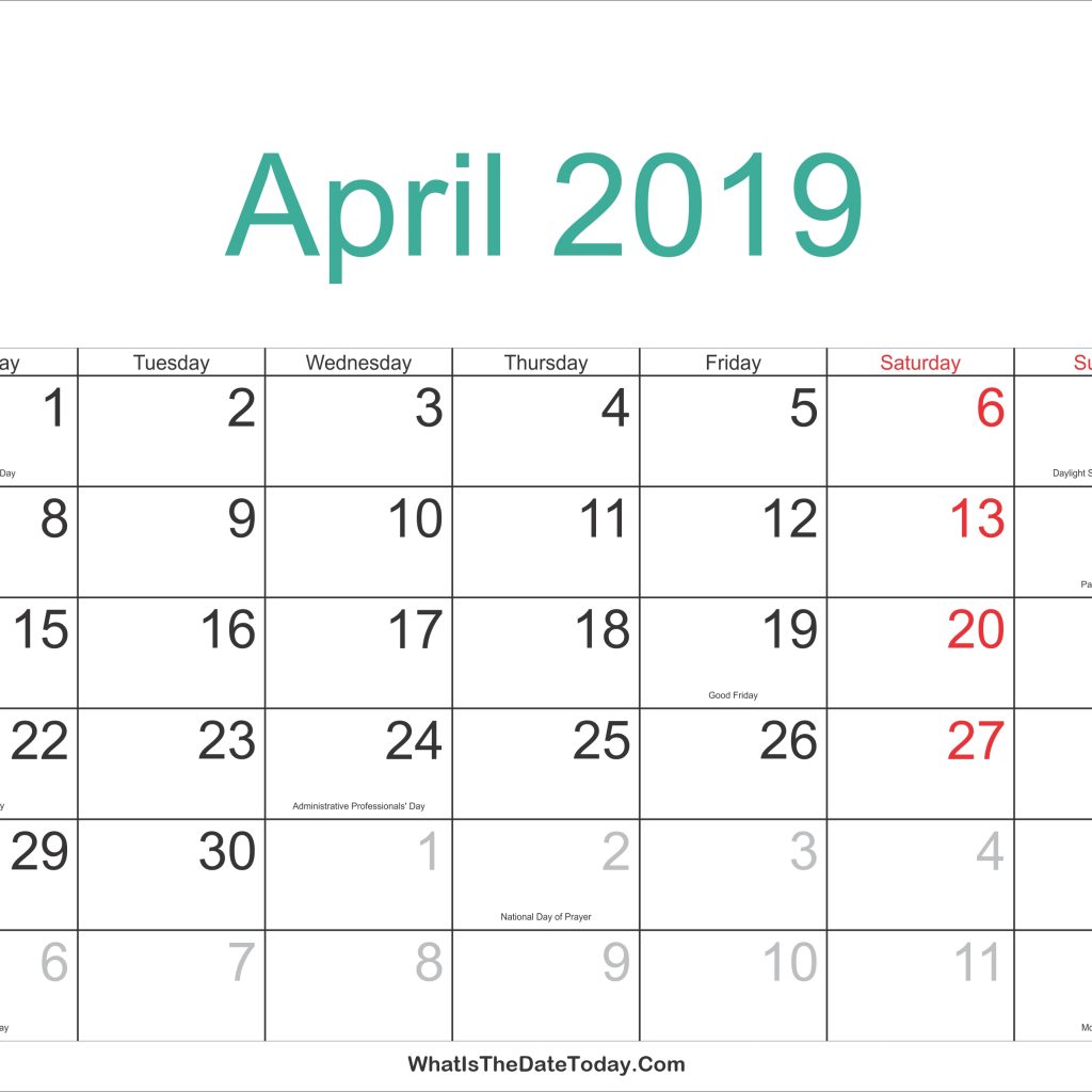 April 2019 Calendar With Holidays Us Monthly Calendar Template