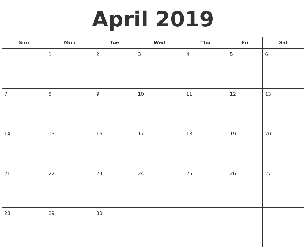 April 2019 Printable Calendar