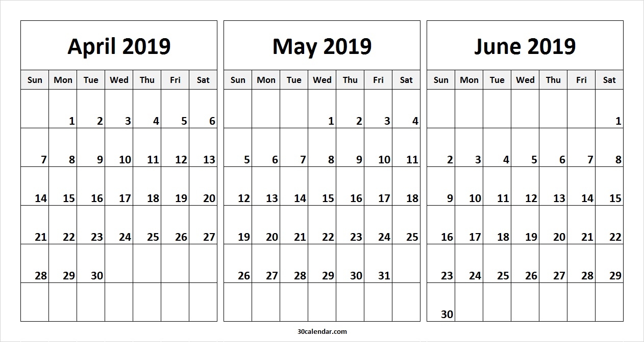 April May June 2019 Calendar 30 Day Calendar 