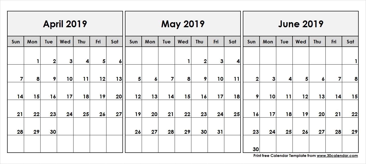 April May June 2019 Printable Calendar 30 Day Calendar 