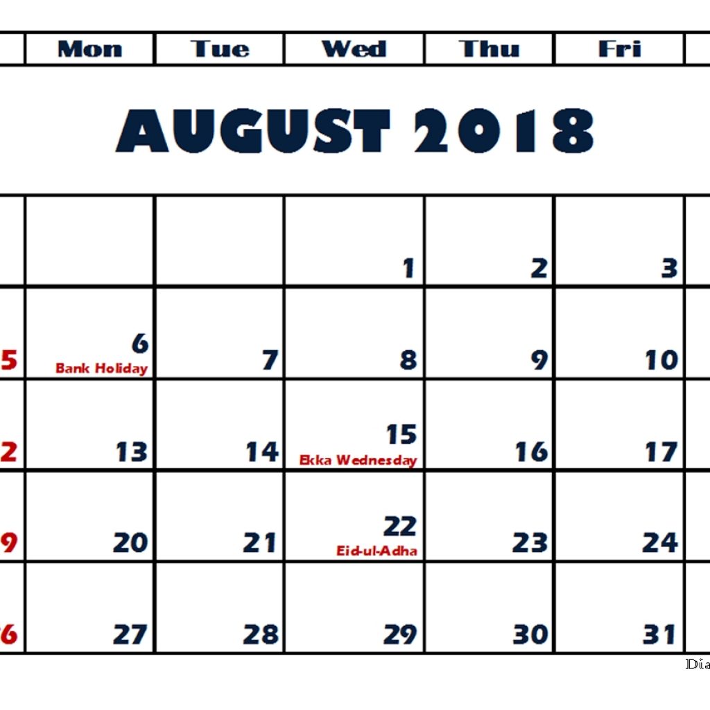 August 2018 Calendar South Africa