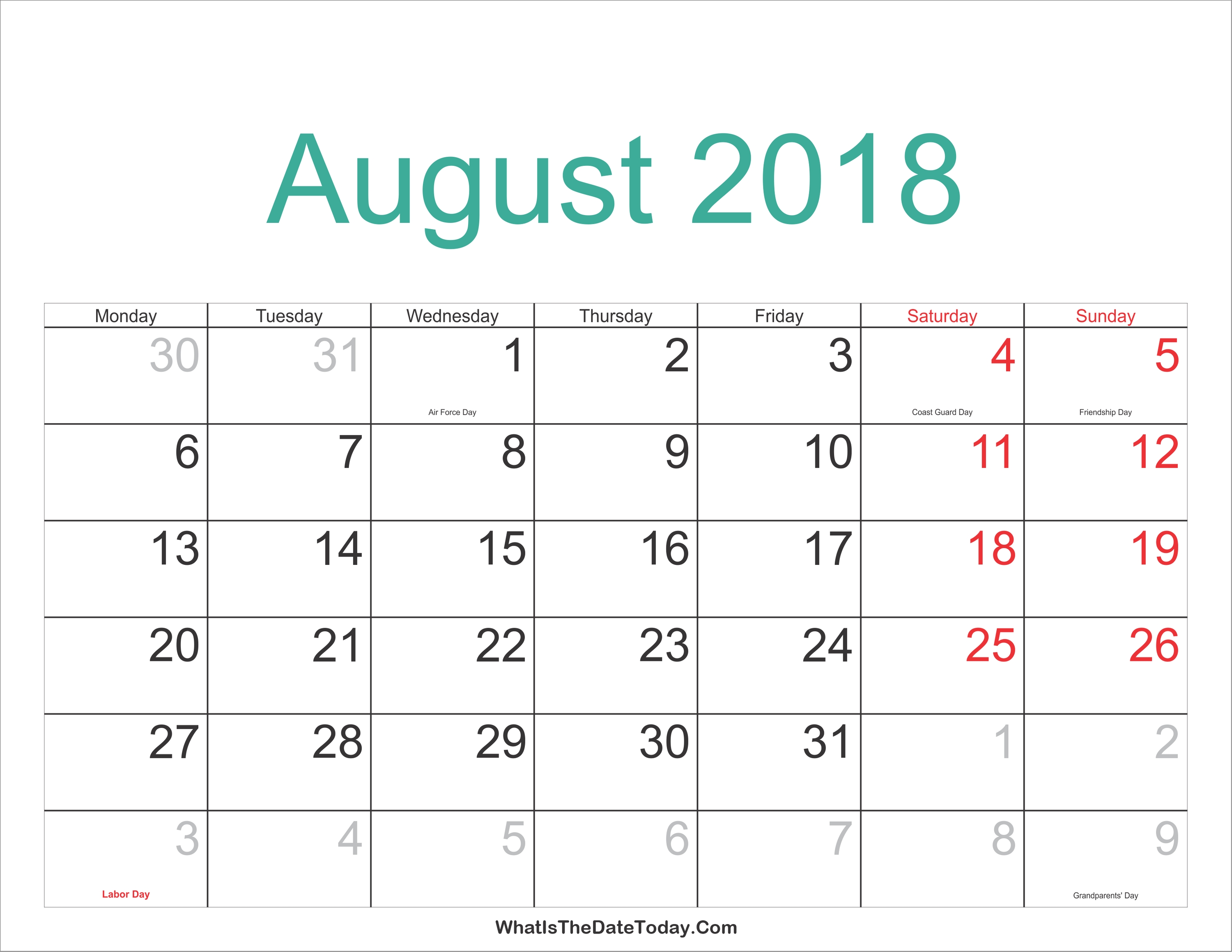 August 2018 Calendar With Holidays Printable