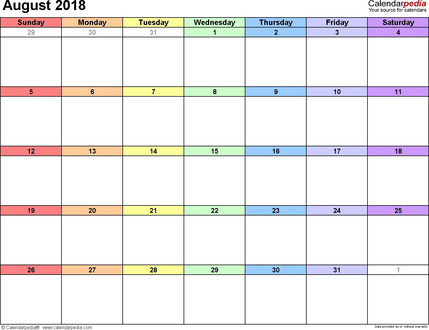 August 2018 Calendars For Word Excel Pdf