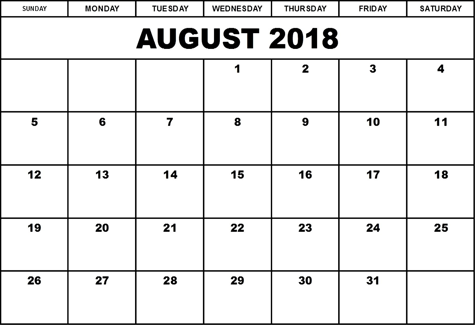 August 2018 Printable Calendar Monthly Template Printable August 