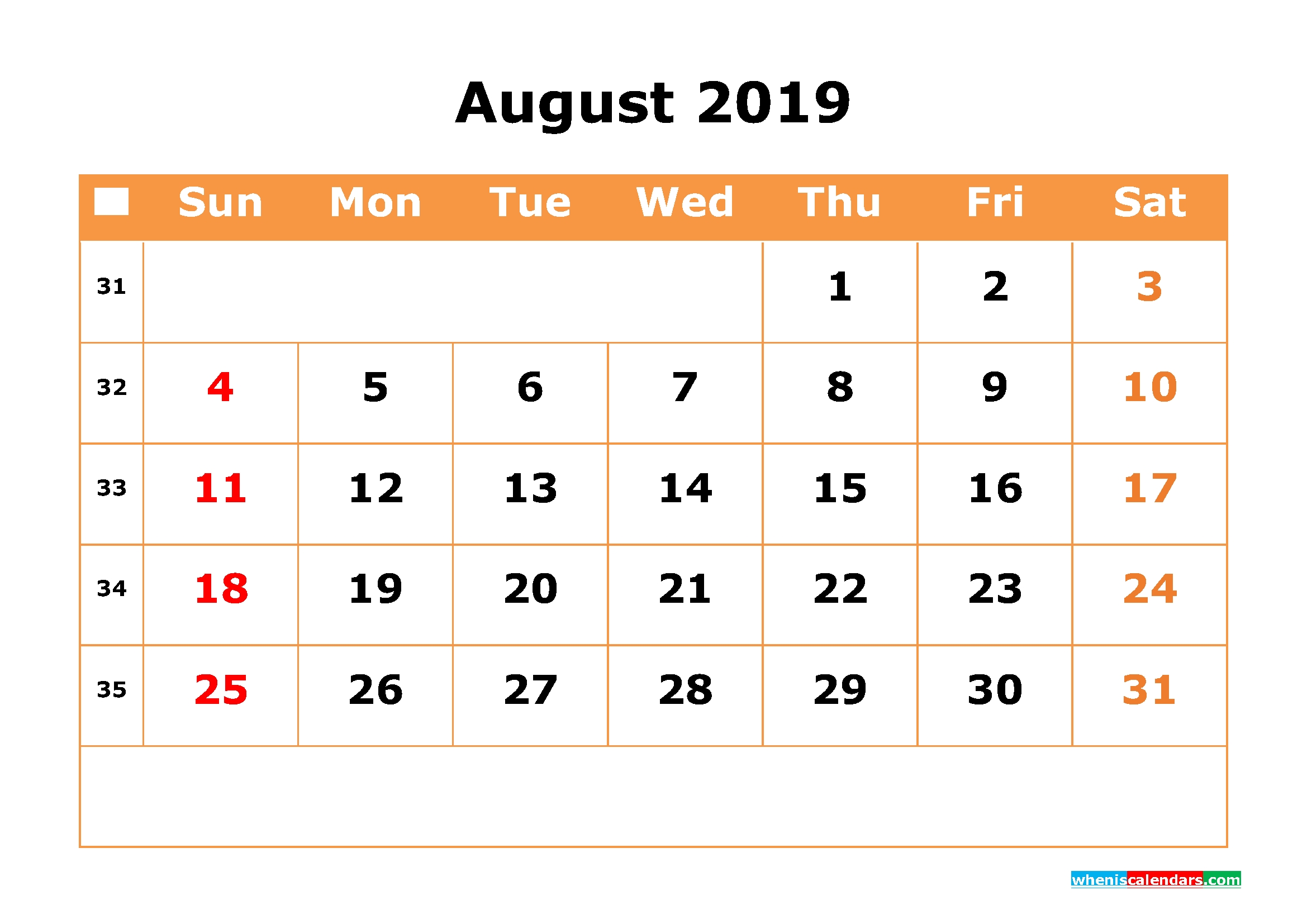 August 2019 Calendar With Week Numbers Printable Free Printable