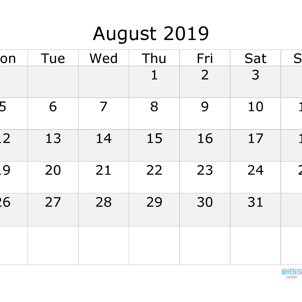 August 2019 Calendar With Week Numbers Printable Start Monday