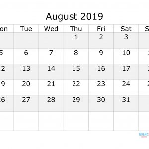 August 2019 Calendar With Week Numbers Printable Start Monday