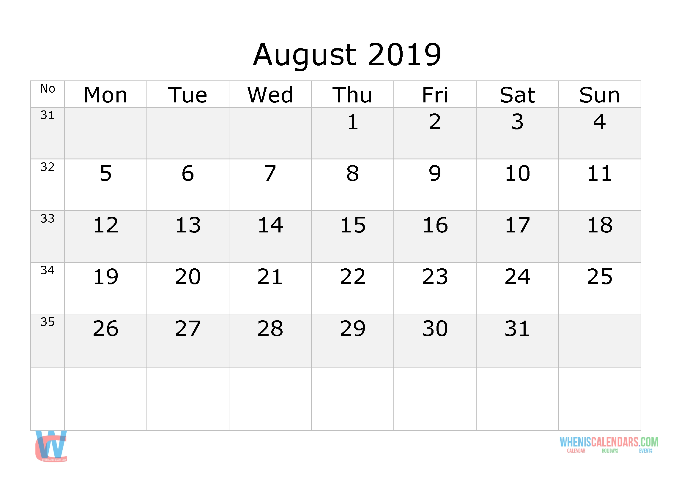 August 2019 Calendar With Week Numbers Printable Start Monday