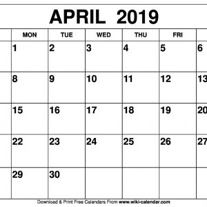 Blank April 2019 Calendar Printable