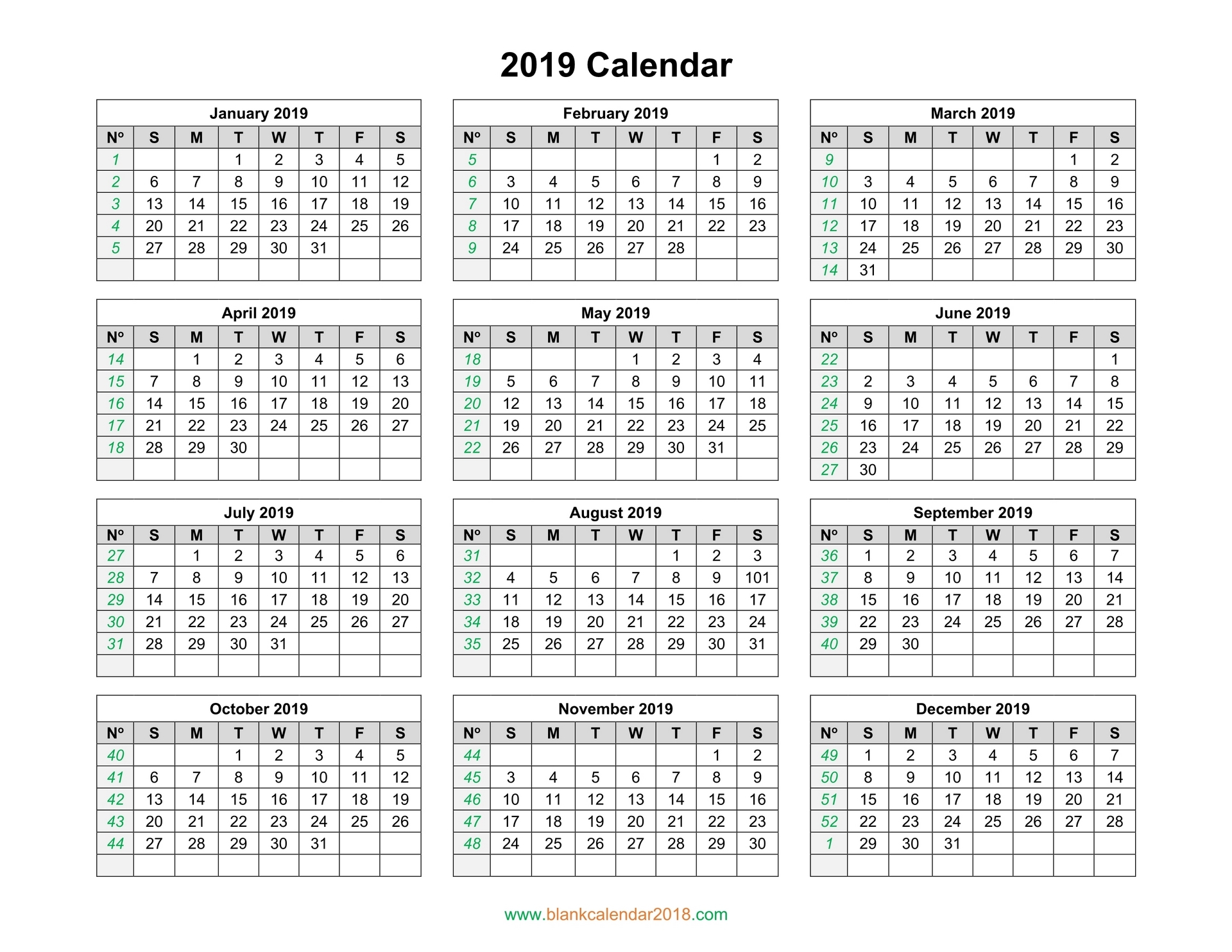 Blank Calendar 2019 