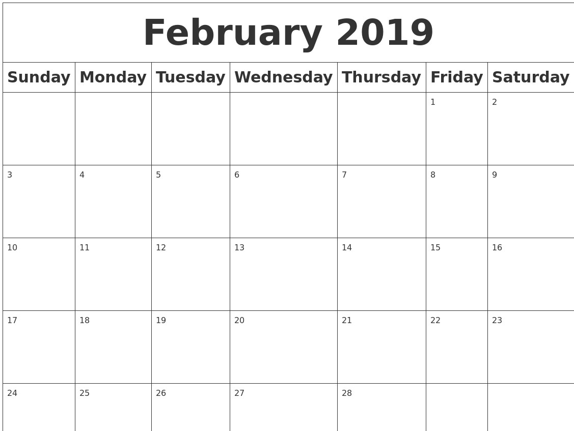 Blank Calendar February 2019 Pdf Printable Template