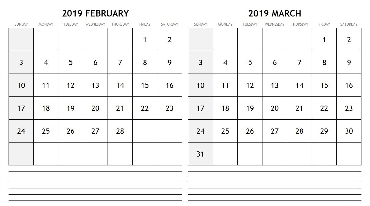 Blank Calendar February March 2019 February February2019