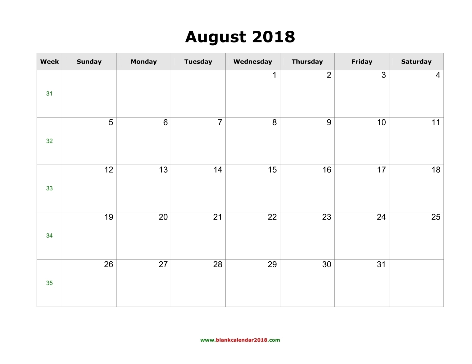 Blank Calendar For August 2018 