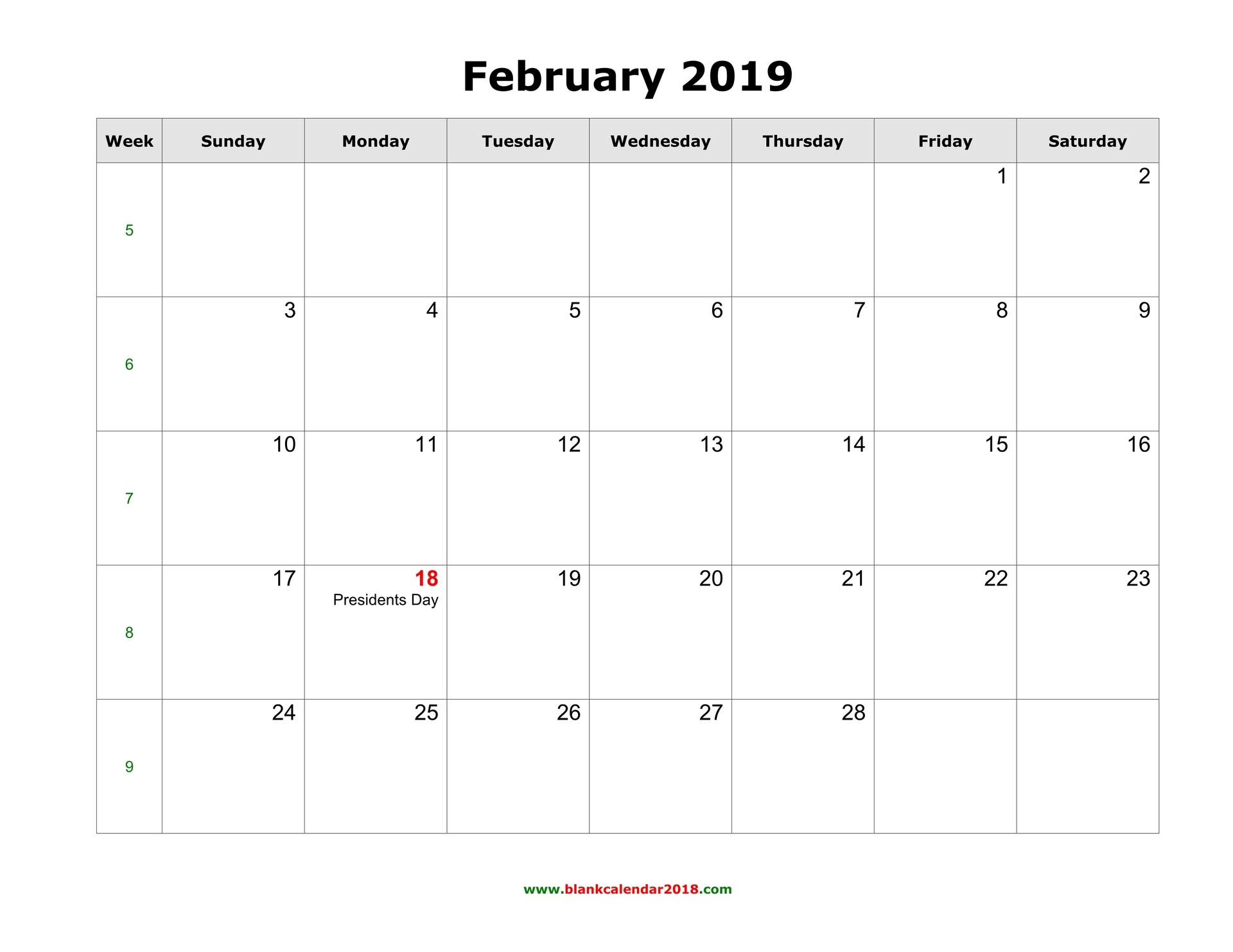 Blank Calendar For February 2019