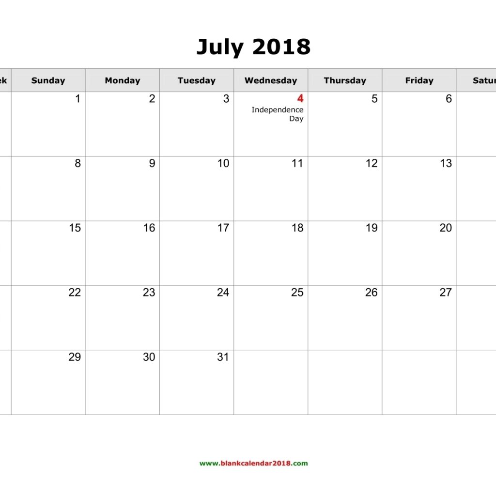 Blank Calendar For July 2018