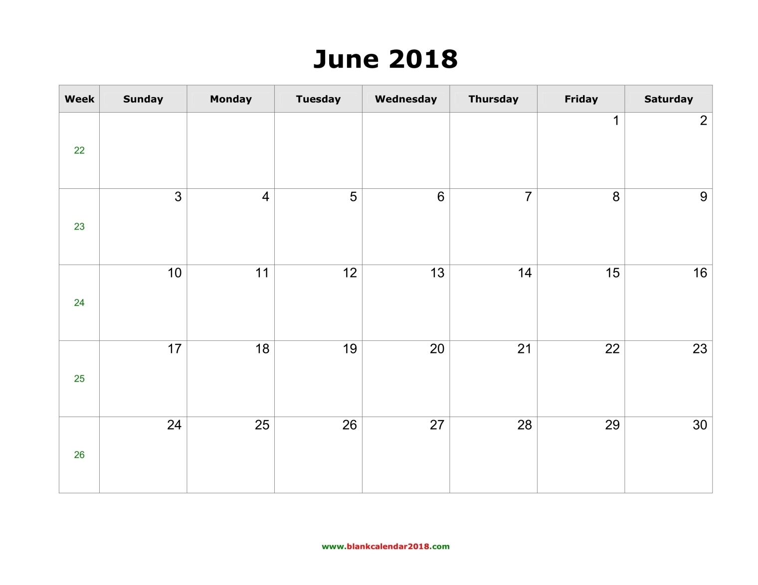 Blank Calendar For June 2018 