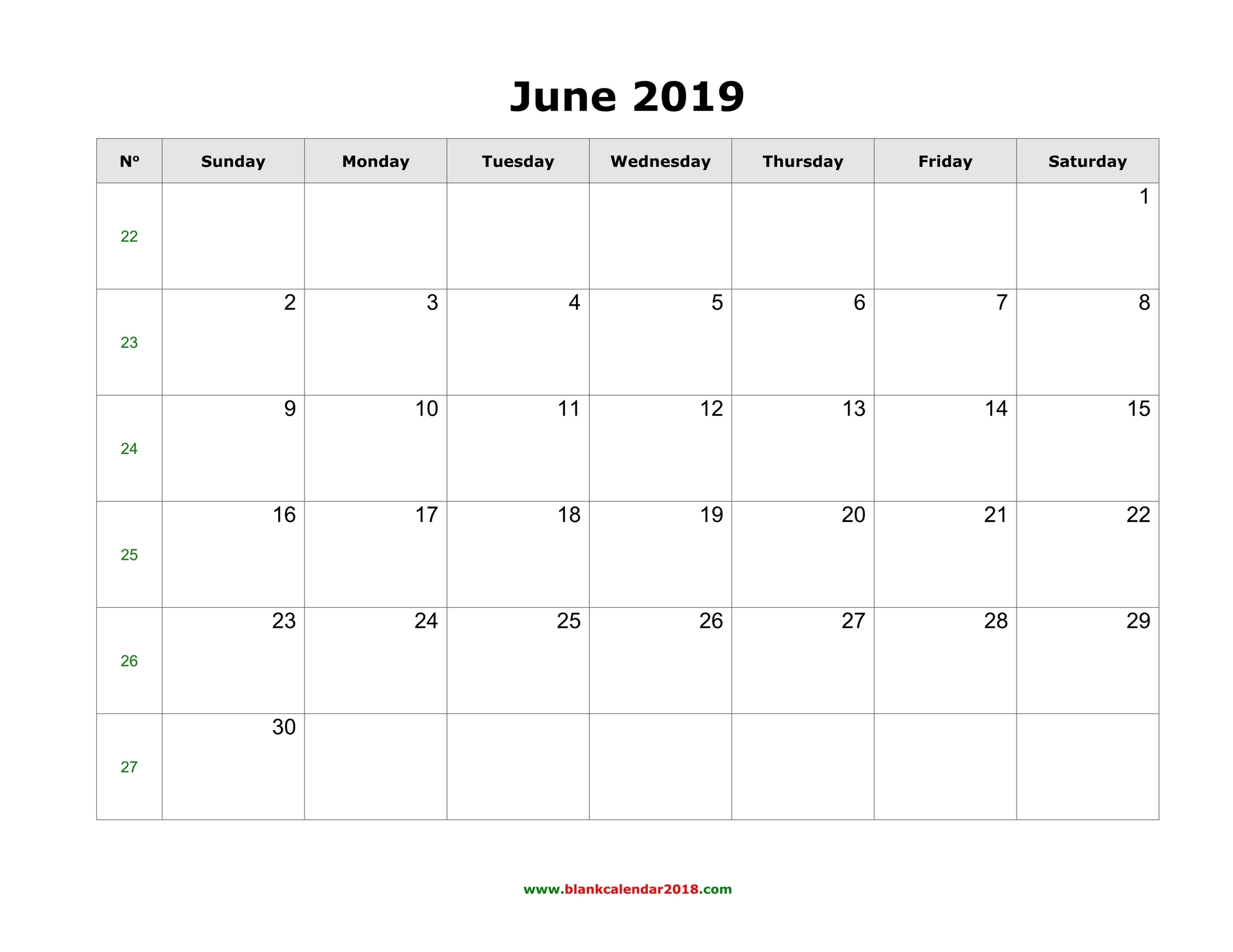 Blank Calendar For June 2019 