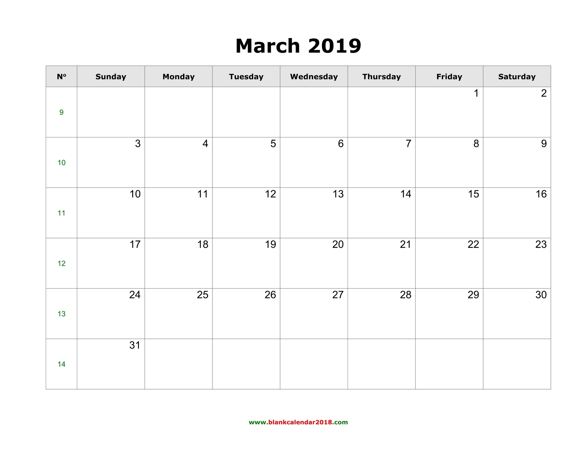 Blank Calendar For March 2019 