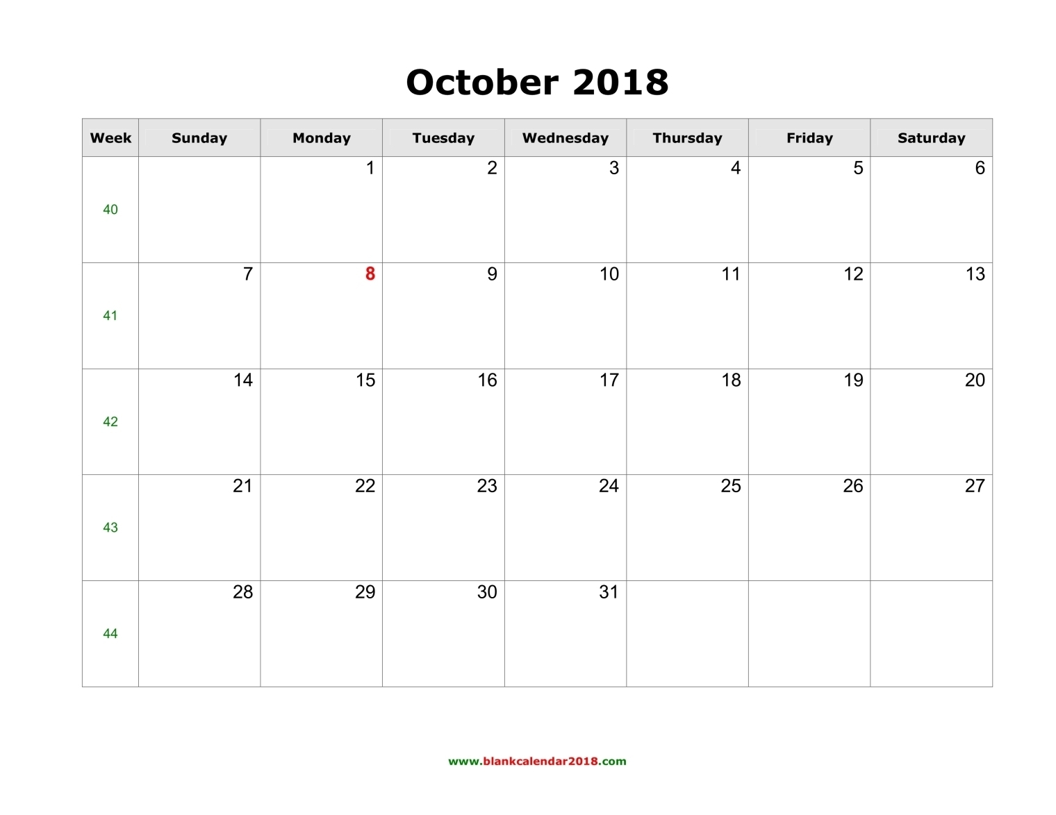 Blank Calendar For October 2018