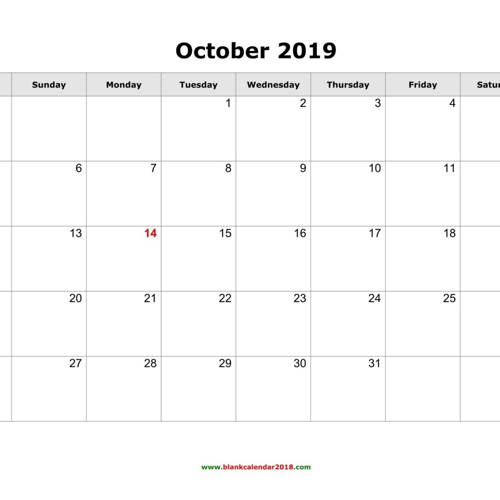 Blank Calendar For October 2019