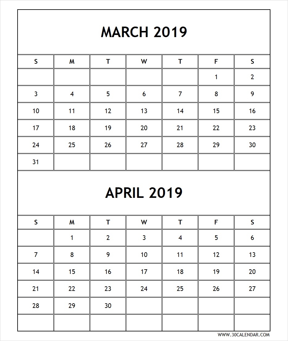 Blank Calendar March April 2019 Template 2 Month Calendar 