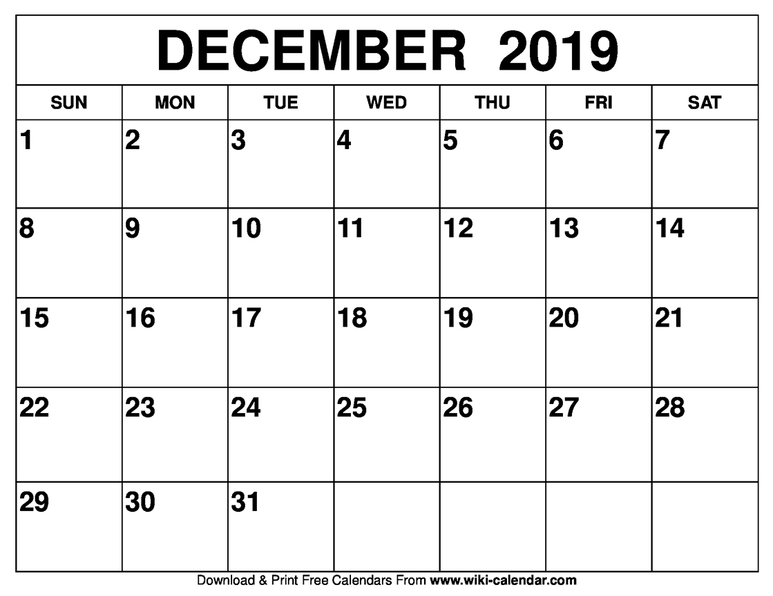 Blank December 2019 Calendar Printable