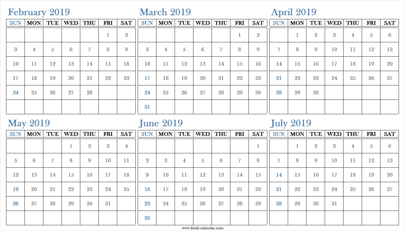 Blank Six Months 2019 February To July Calendar Printable Free