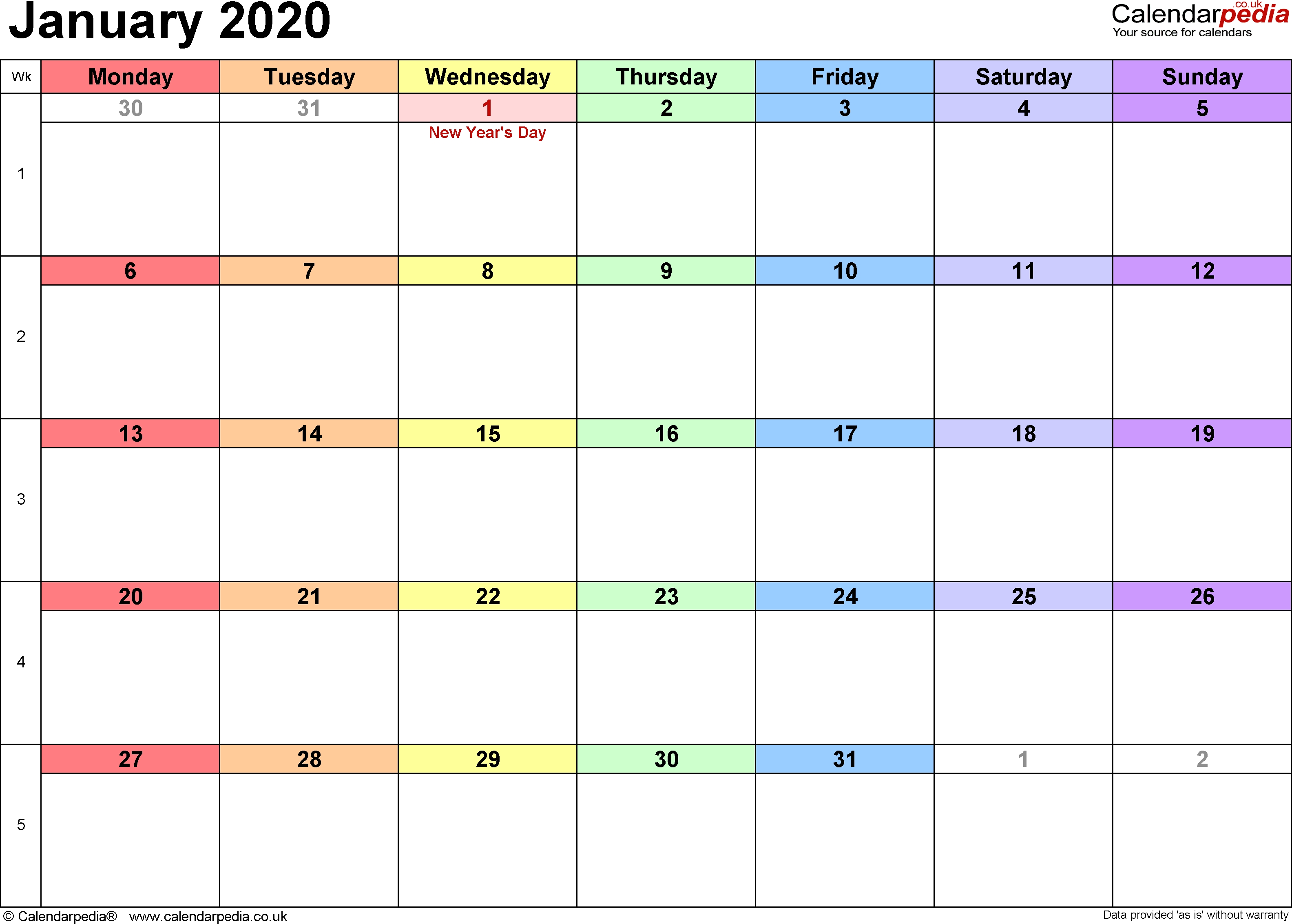 Calendar January 2020 Uk Bank Holidays Excelpdfword Templates