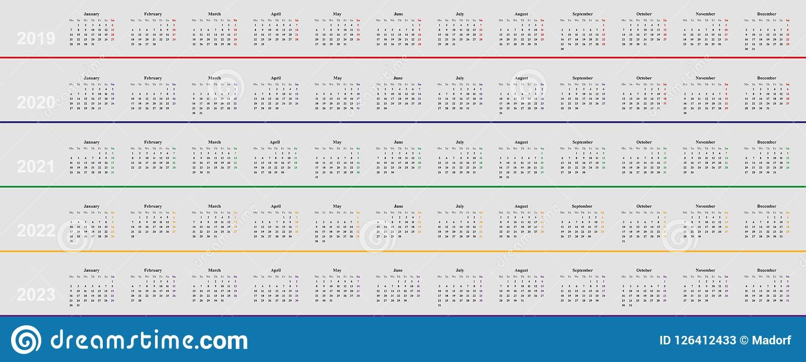 Calendar Template Fr Years 2019 2020 2021 2022 2023 Stock 