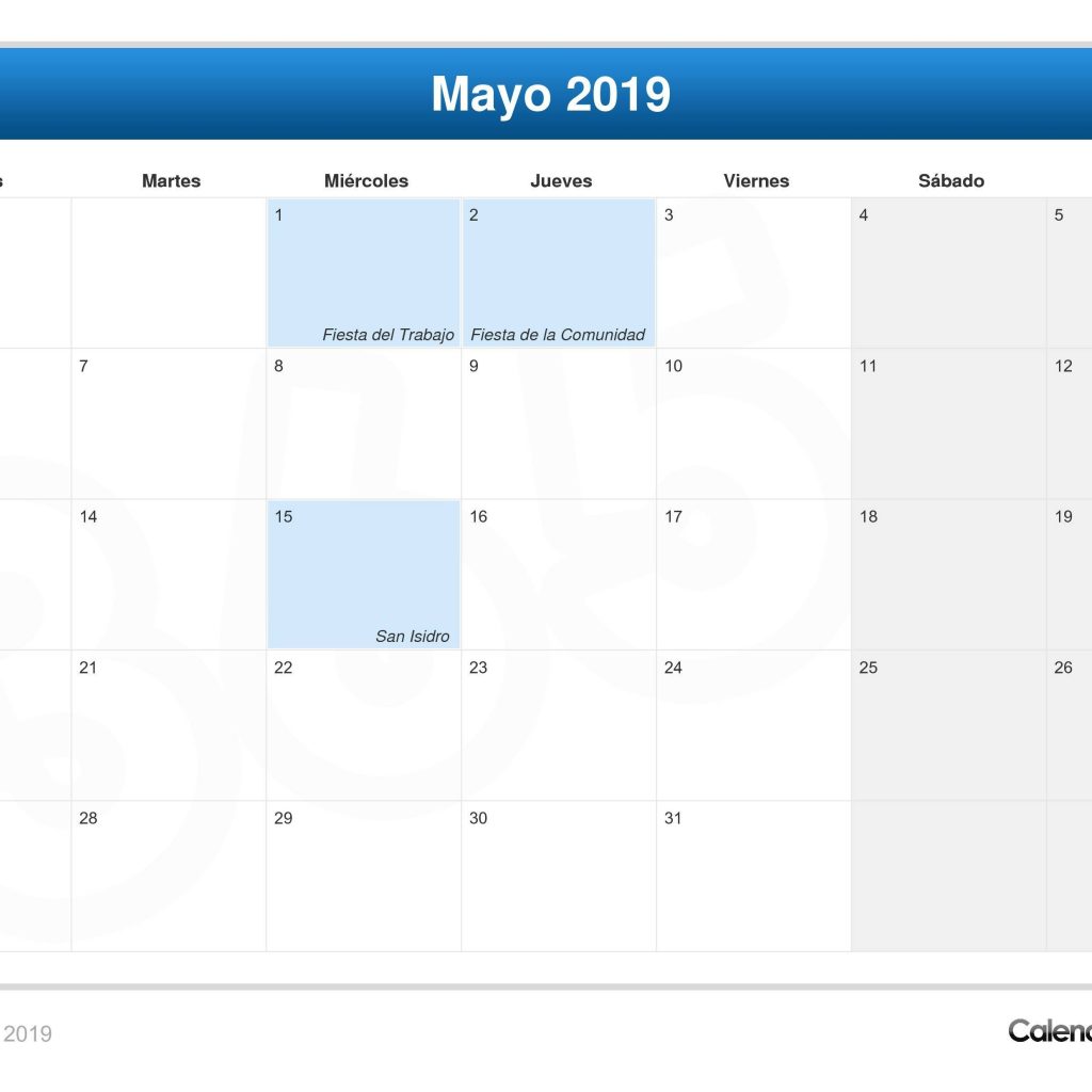 Calendario Mayo 2019