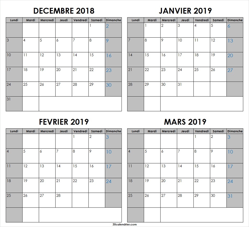 Calendrier Dcembre 2018 Janvier Fvrier Mars 2019 Semaine Archives 