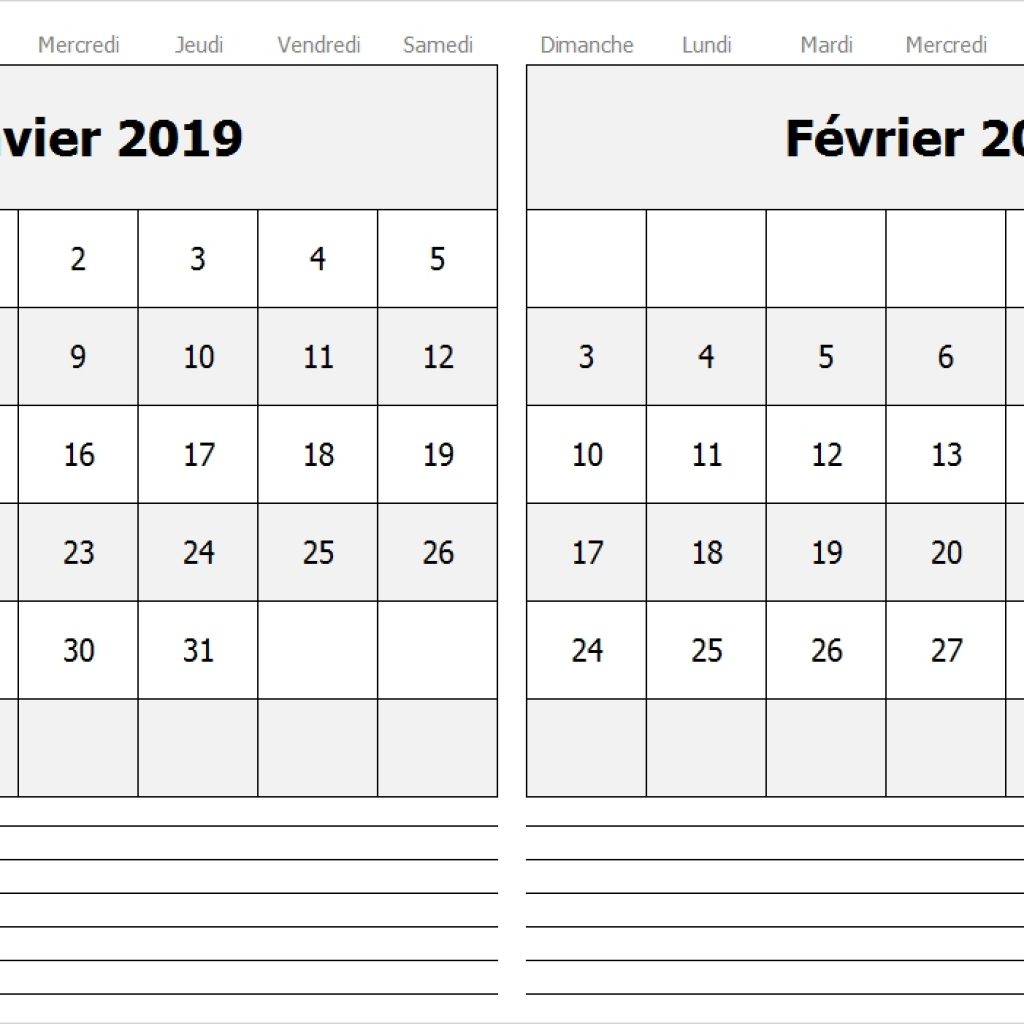 Calendrier Janvier Fvrier 2019 Imprimer Calendrier Franais 2019