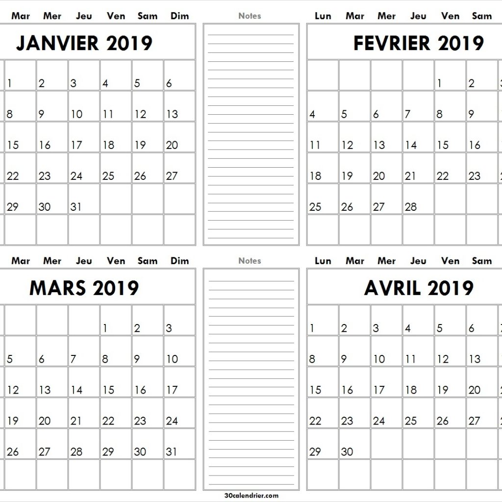 Calendrier Janvier Fvrier Mars Avril 2019 Imprimer Vierge