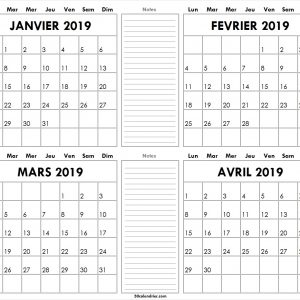 Calendrier Janvier Fvrier Mars Avril 2019 Imprimer Vierge