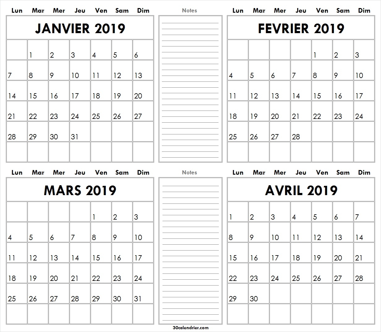 Calendrier Janvier Fvrier Mars Avril 2019 Imprimer Vierge