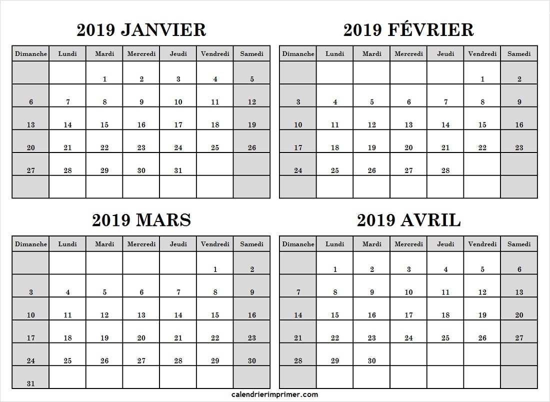 Calendrier Janvier Fvrier Mars Avril 2019 Vacances Imprimer