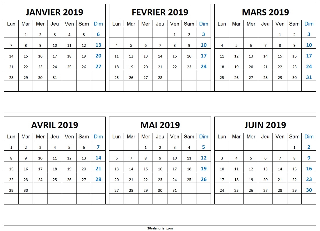 Calendrier Janvier Juin 2019 Imprimer Vierge Calendrier Imprimer 