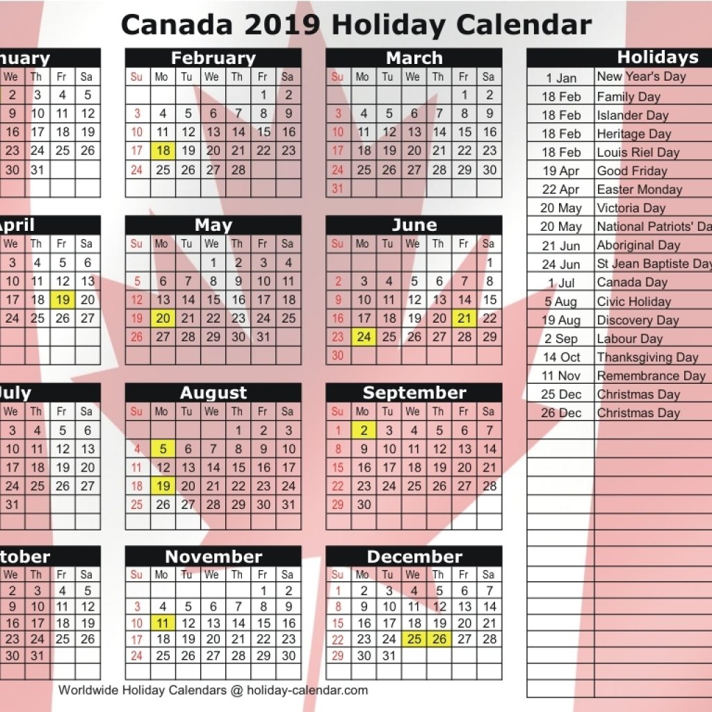 Canada 2019 2020 Holiday Calendar