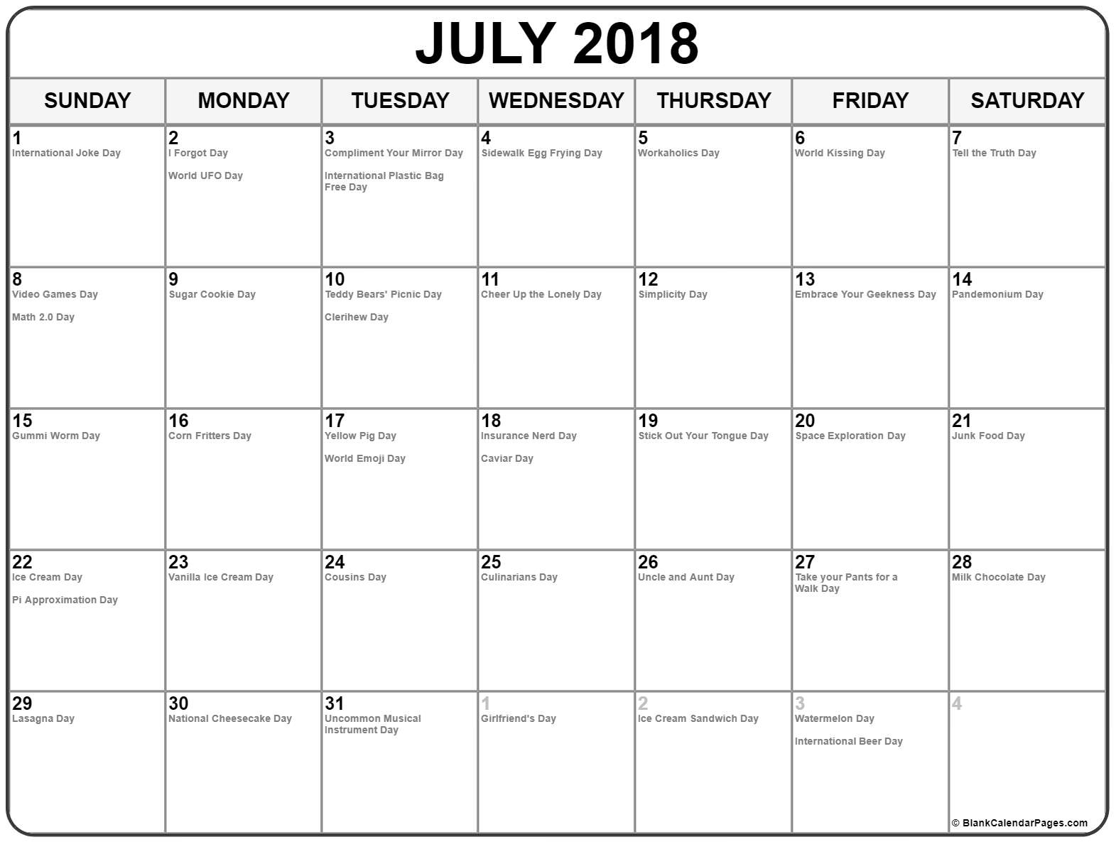 Collection Of July 2018 Calendars With Holidays