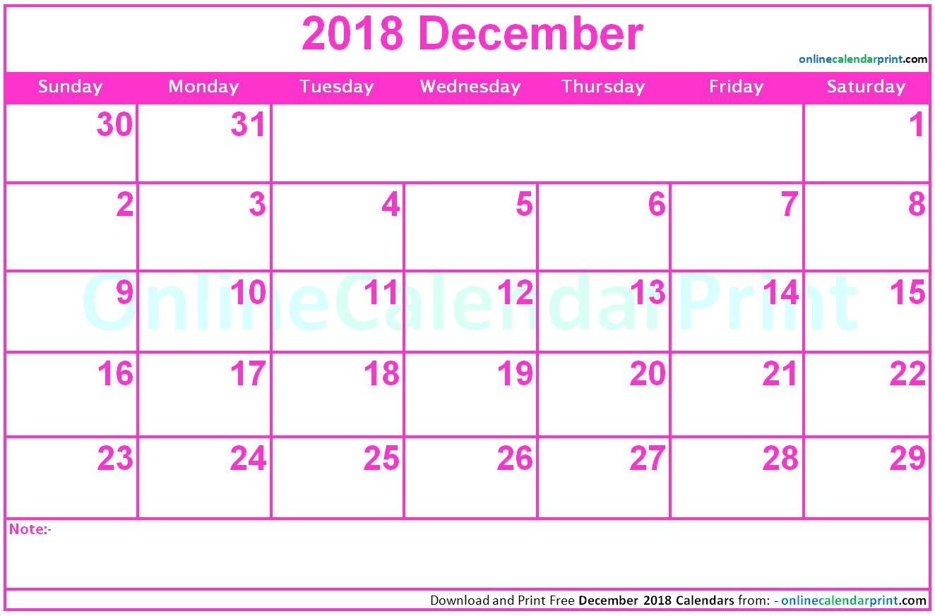 December 2018 Calendar Pink 