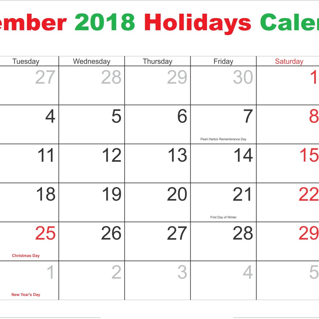 December Calendar 2018 Holidays Notes Printable Calendar December