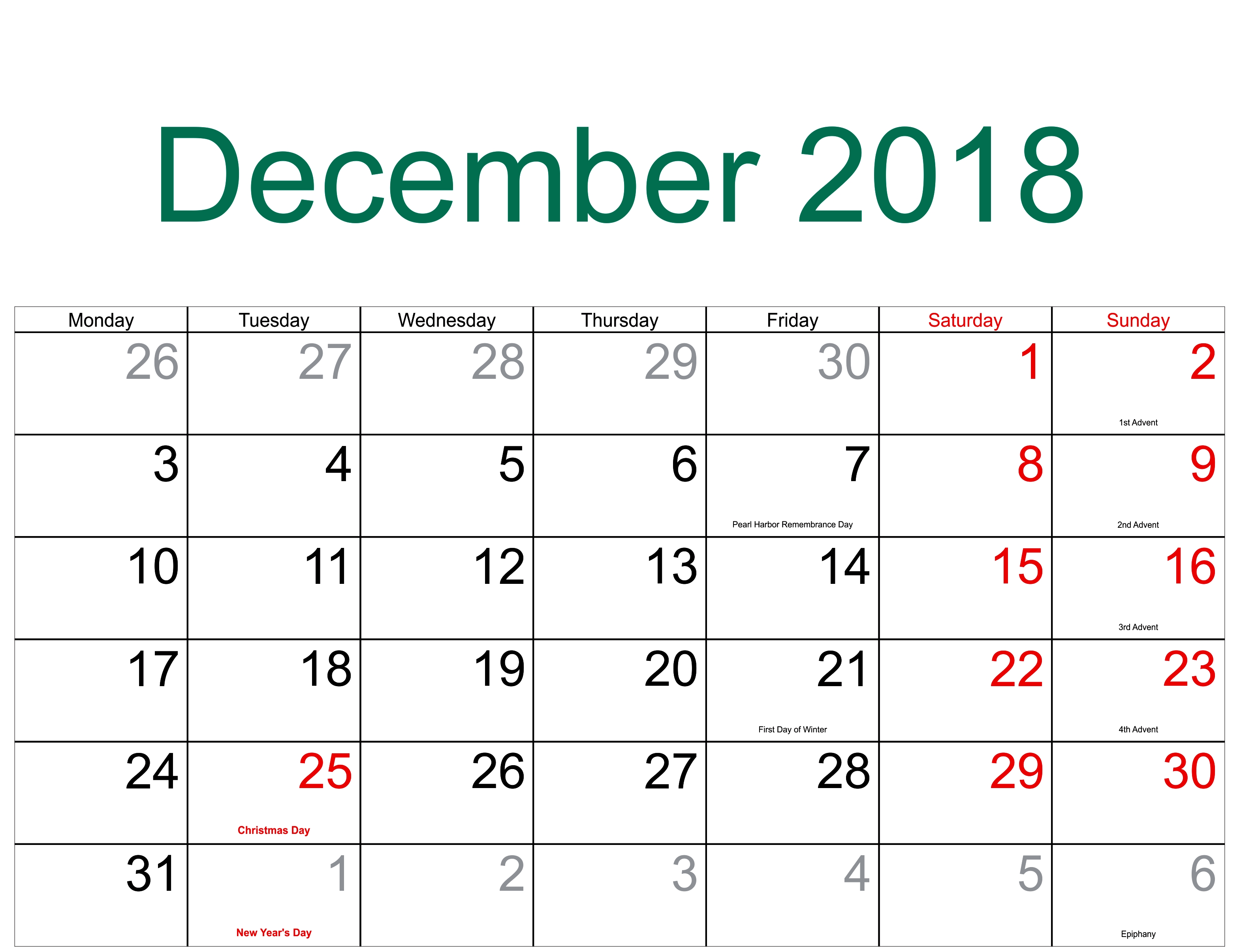 December Calendar 2018 With Holidays December 2018 Calendar 