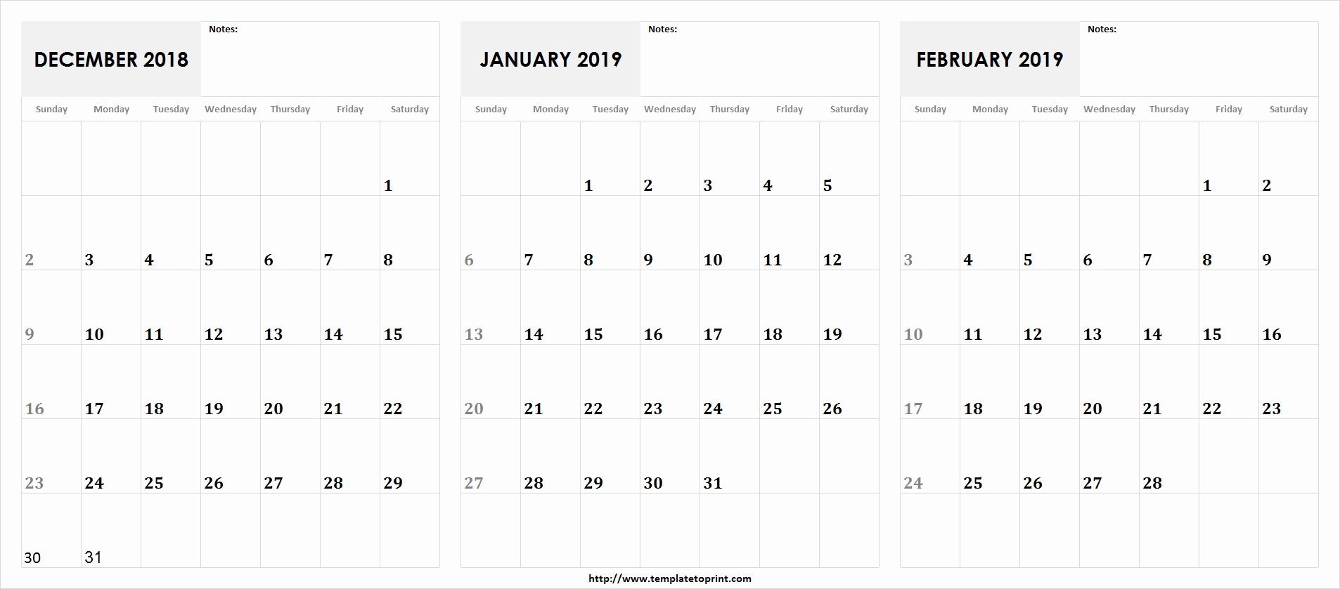 December January February 2019 Calendar 555 December January 