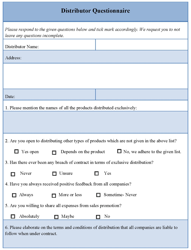 Distributor Questionnaire Template Sample Templates 