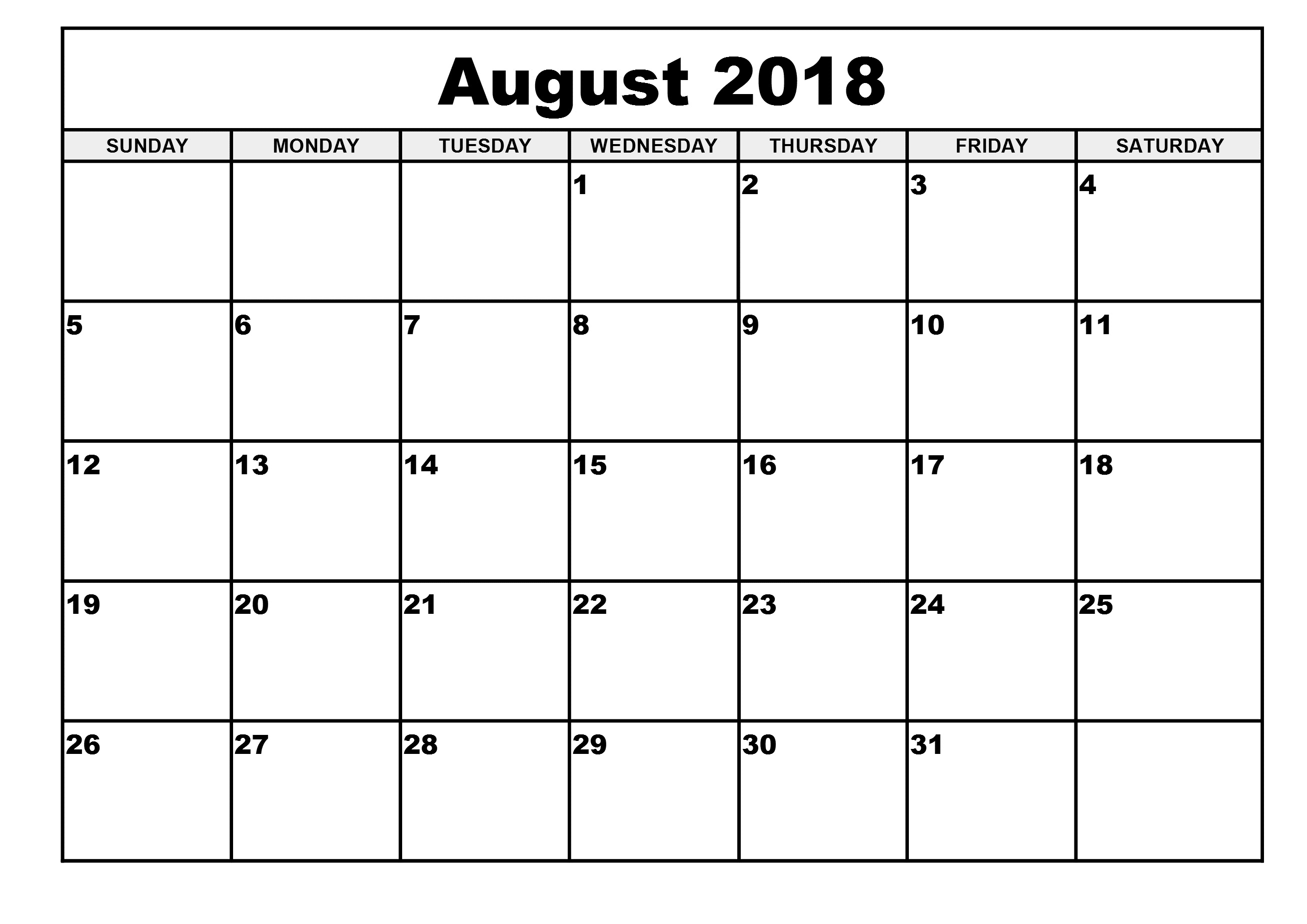 Download August 2018 Calendar Printable Blank Editable