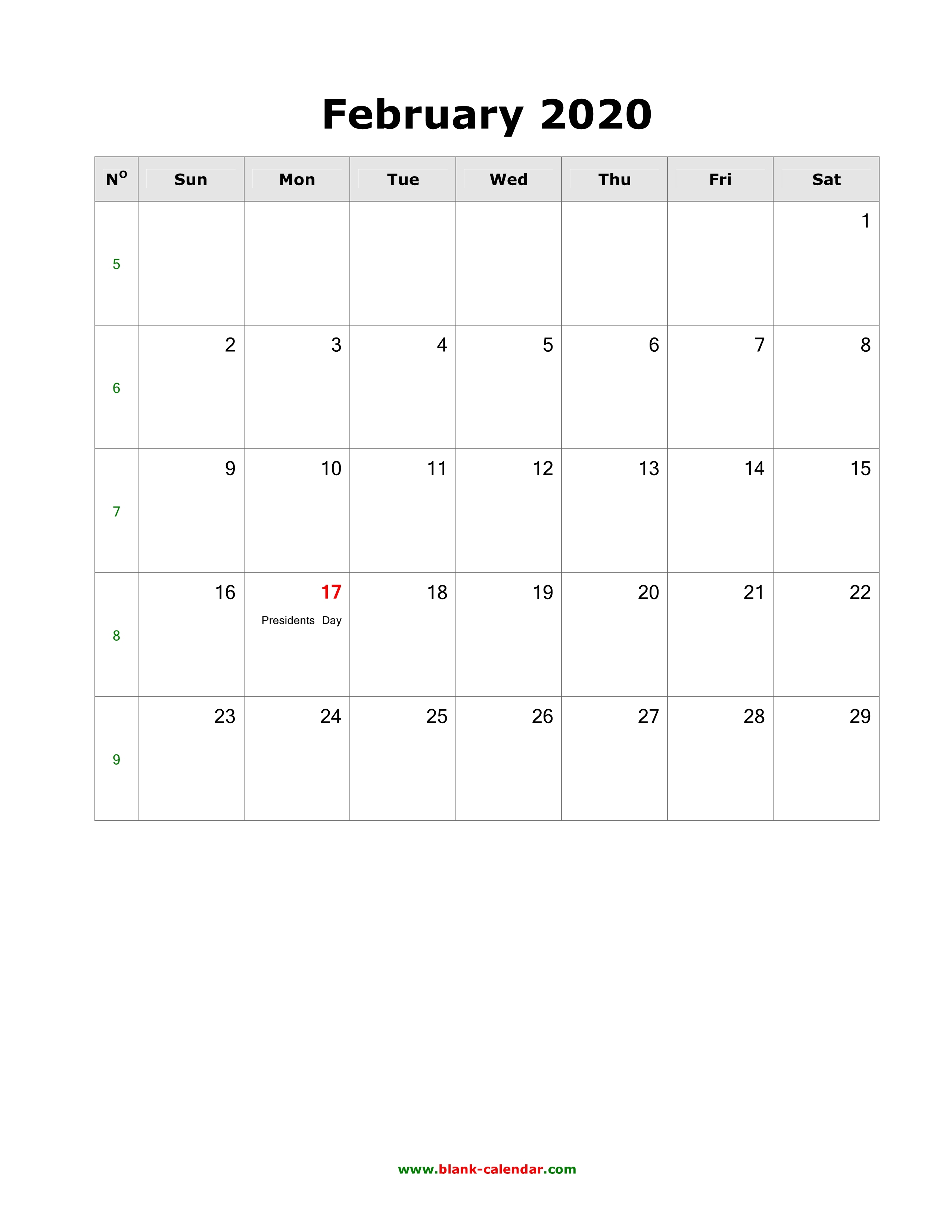 Download February 2020 Blank Calendar With Us Holidays Vertical