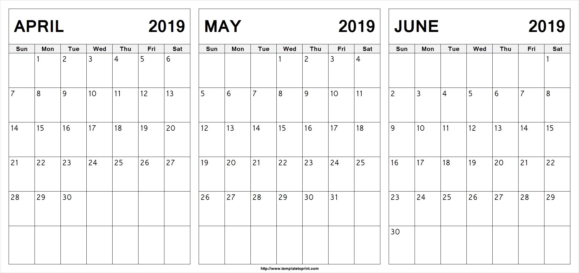 Editable April May June 2019 Calendar April May June 