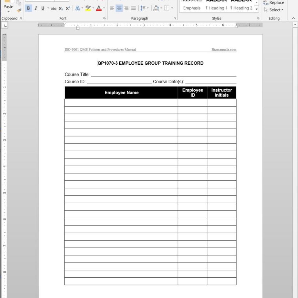 Employee Group Training Record Iso Template